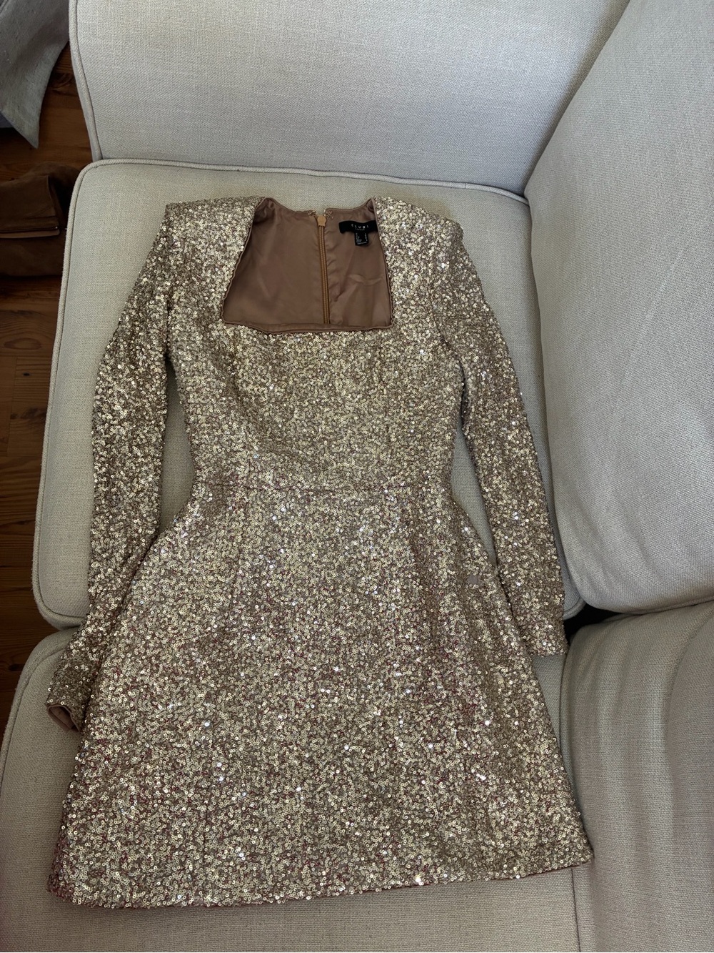 Club L London Champagne Sequin Long-Sleeve Fit & Flare Dress